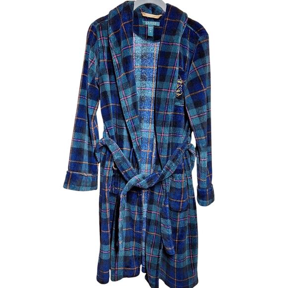Ralph Lauren Plaid embroidered pocket soft plush teddy fleece bathrobe S/XS - Picture 1 of 6